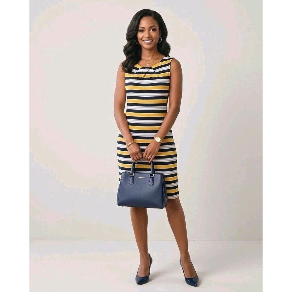 Liz Claiborne Blue Dress 10 Striped Sleeveless Sheath Dark Academia Nautical Mod